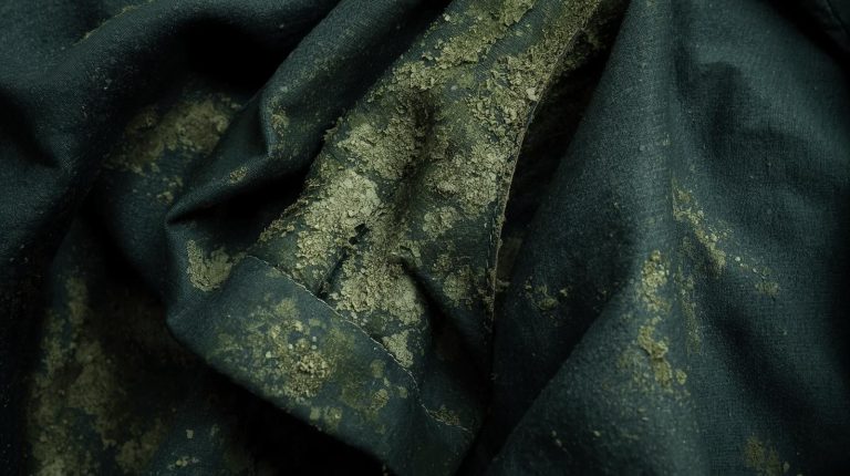 Close-up of mildew stains on fabric caused by damp storage